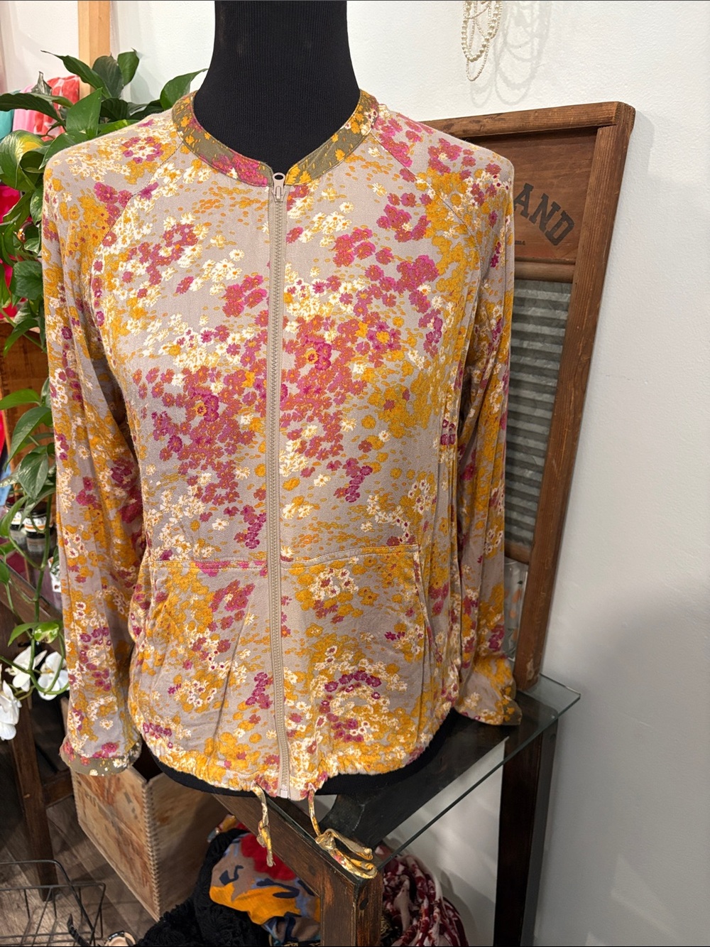 Floral Zip-Front Bomber Jacket - Beige/Pink/Yellow